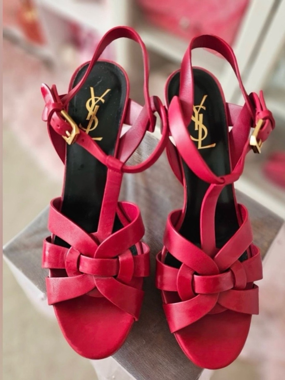 💯Authentic YSL Tribute Saint Laurent Red Leather Heels with Gold Buckle